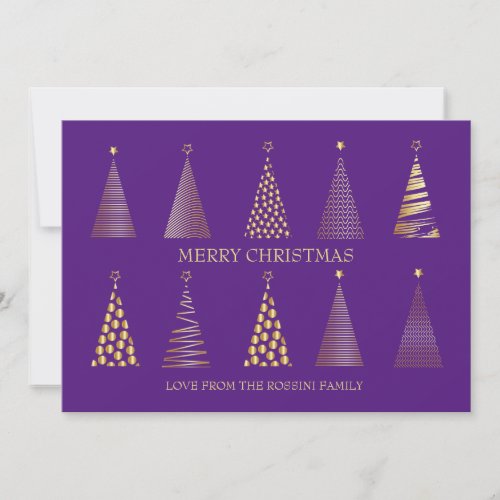 Modern Purple  Gold Personalized Christmas Tree Holiday Card