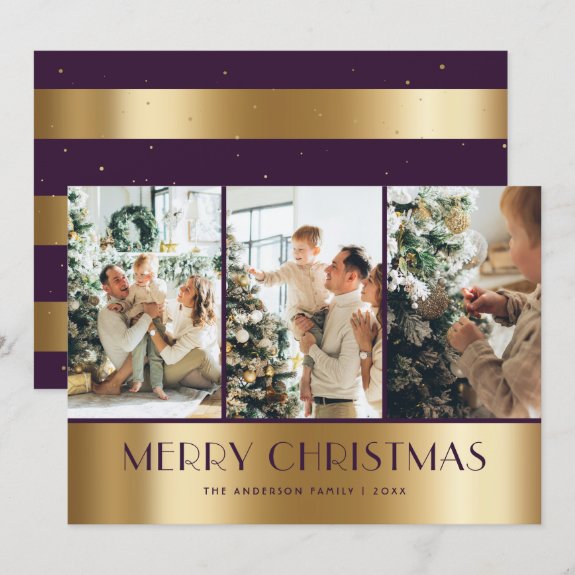 Modern Purple Gold Photo Collage Christmas Card