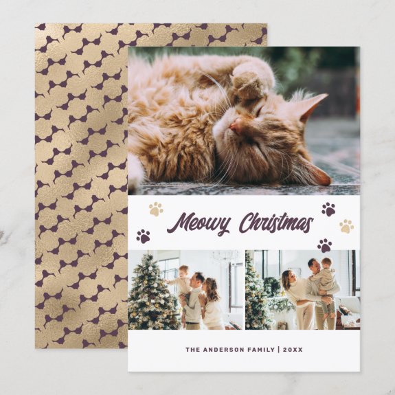 Modern Purple Gold Photo Meowy Christmas Card
