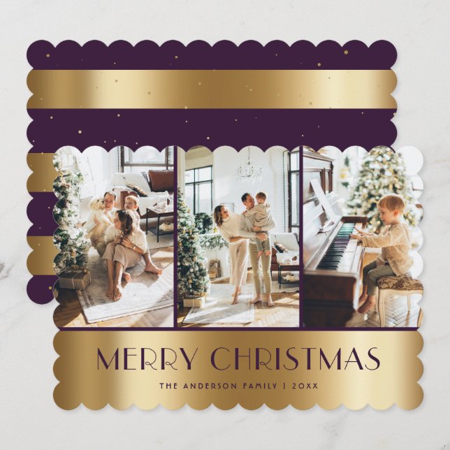 Modern Purple Gold Photo Merry Christmas Card (Front/Back)