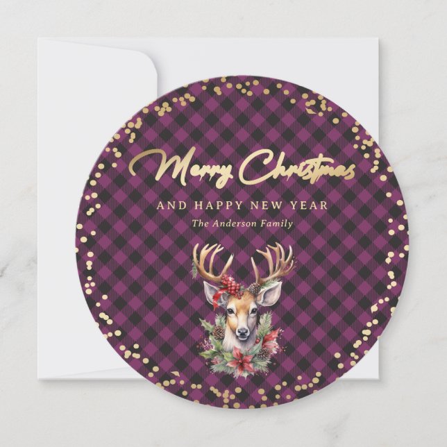 Modern Purple Gold Reindeer Christmas Holiday Card (Front)