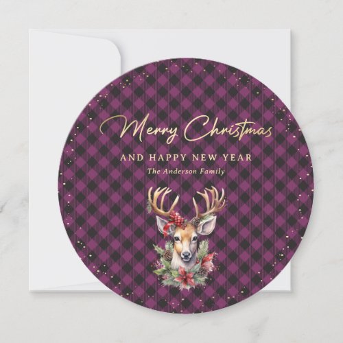 Modern Purple Gold Reindeer Christmas Holiday Card