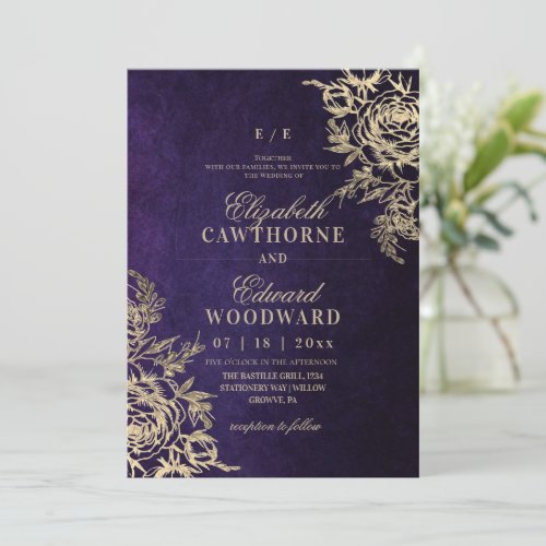 Modern Purple & Gold⎮Rose Elegant Wedding Invitation