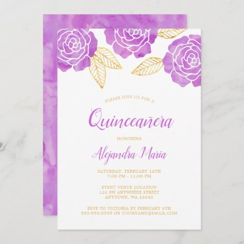 Modern Purple Gold Roses Quinceanera Invitations