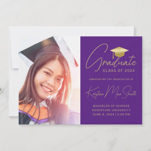 Modern Purple Gold Script Photo College Graduation Announcement
