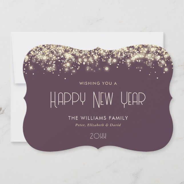 Modern Purple Gold Sparkle Happy New Year Card (Front)