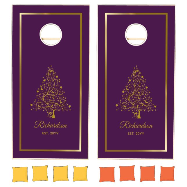 Modern Purple Gold Tree Personalized Cornhole Set (Set)