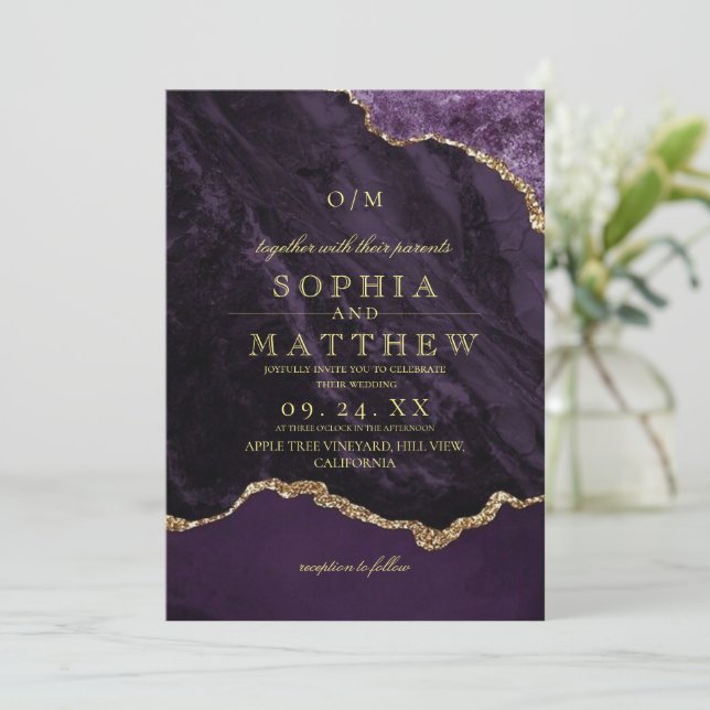 Modern Purple Gold Wedding Photo Invitation (Standing Front)