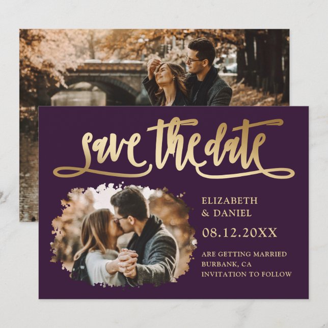 Modern Purple Gold Wedding Photo Save The Date (Front/Back)