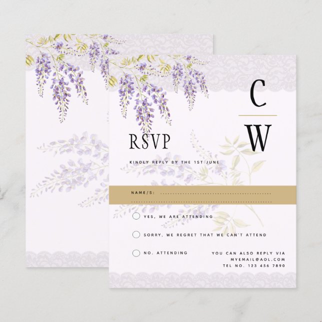 Modern Purple Gold Wisteria Lace RSVP (Front/Back)
