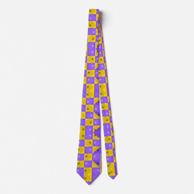 Modern purple & golden Checkerboard floral pattern Neck Tie (Front)