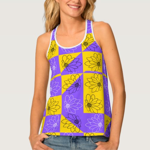 Modern purple  golden Checkerboard floral pattern Tank Top