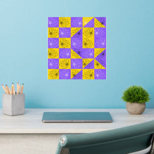 Modern purple & golden Checkerboard floral pattern Wall Decal