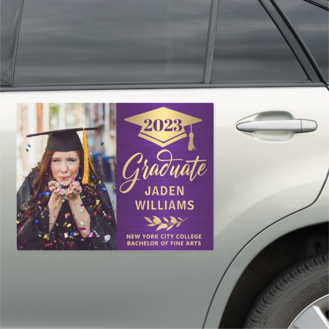 Modern Purple Golden PHOTO Graduation Large Car Car Magnet (In Situ)