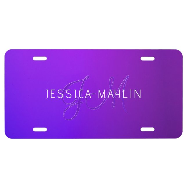 Modern Purple Gradient Name & Monogram  License Plate (Front)