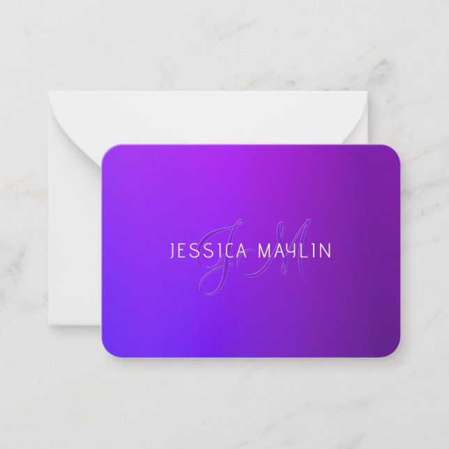 Modern Purple Gradient Name & Monogram  Note Card (Front)