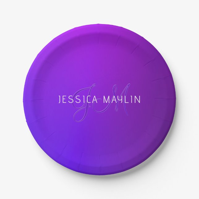Modern Purple Gradient Name & Monogram  Paper Plates (Front)