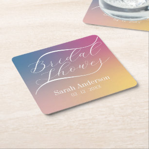 Modern Purple Gradient Ombre Script Bridal Shower Square Paper Coaster