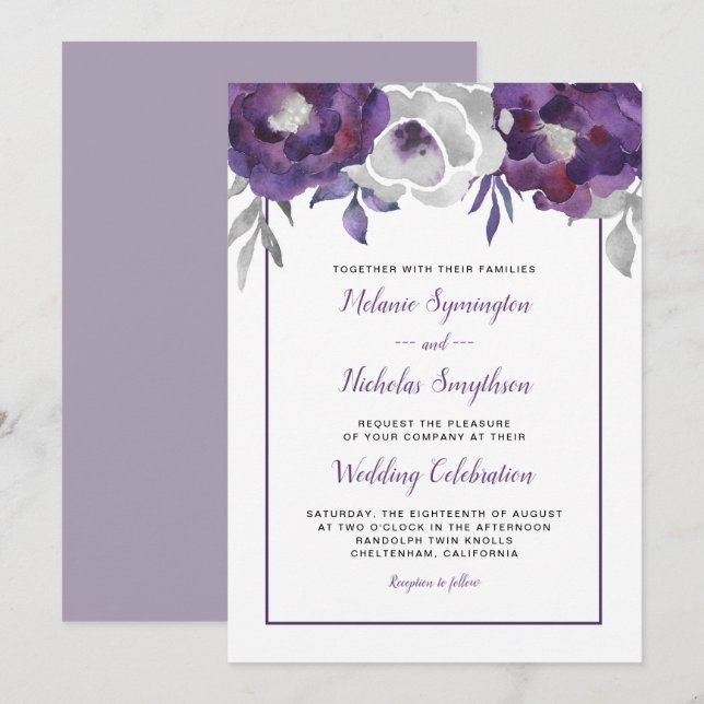 Modern Purple Gray Floral wedding invitations (Front/Back)