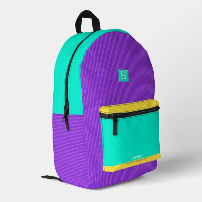 Modern Purple Green and Yellow Personalized Name  Printed Backpack (Back Corner Left)
