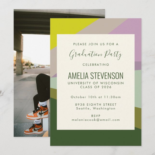 Modern Purple Green Back Photo Graduation Party  Invitation (Front/Back)
