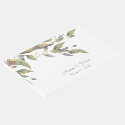 Modern Purple Green Gold Watercolor Leaves | Guest Book