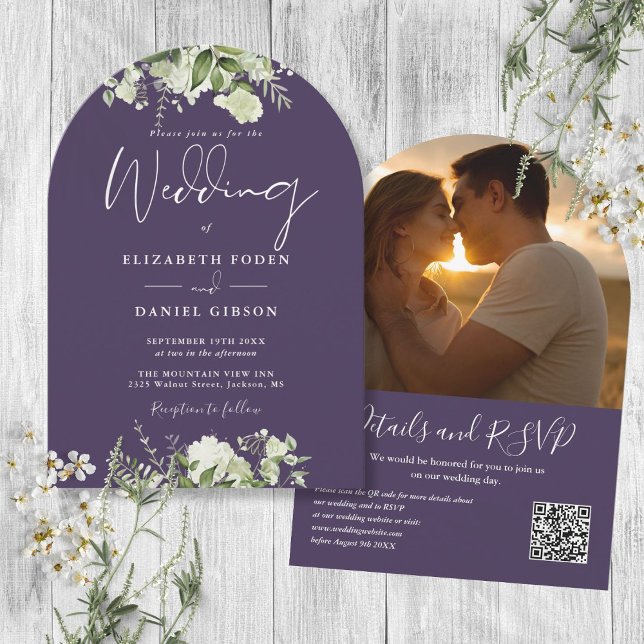 Modern Purple Greenery QR Code Photo Arch Wedding Invitation (Modern Purple Greenery QR Code Photo Arch Wedding Invitation)