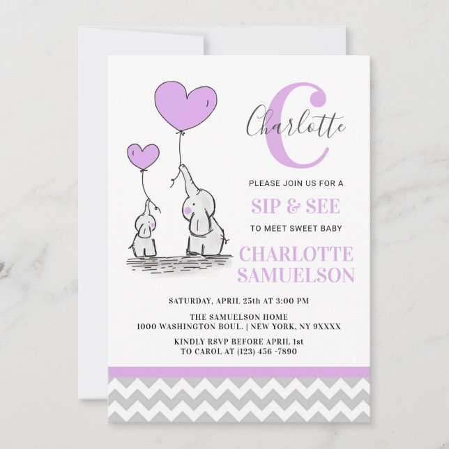 Modern Purple Grey Elephant SIP & SEE Baby Girl Invitation (Front)
