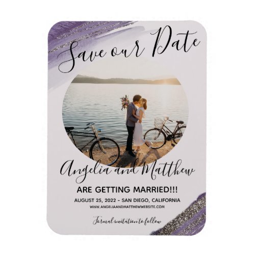 Modern Purple Grey Glitter Spark Save T Date Photo Magnet