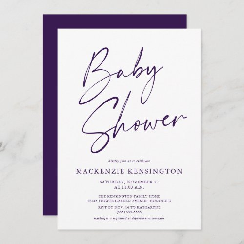 Modern Purple Handwritten Script Baby Shower Invitation