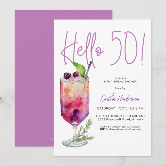 Modern Purple Hello 50 Birthday Party Invitation (Front/Back)