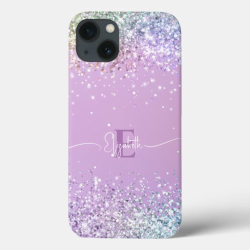 Modern Purple Holographic Faux Glitter Monogram  iPhone 13 Case