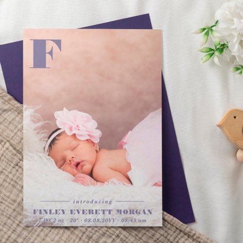 Modern Purple Initial Introducing New Baby Photo Announcement