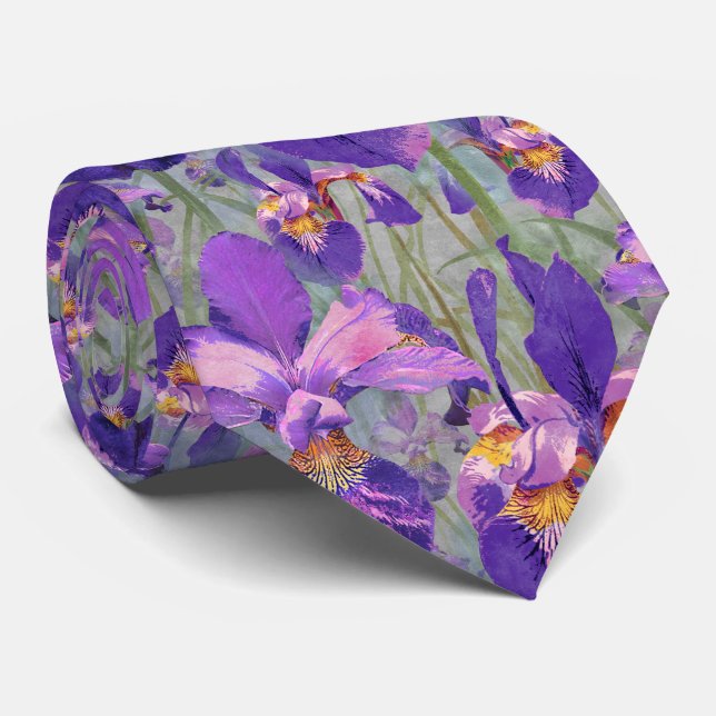 Modern Purple Iris Floral Pattern Wedding Neck Tie (Rolled)