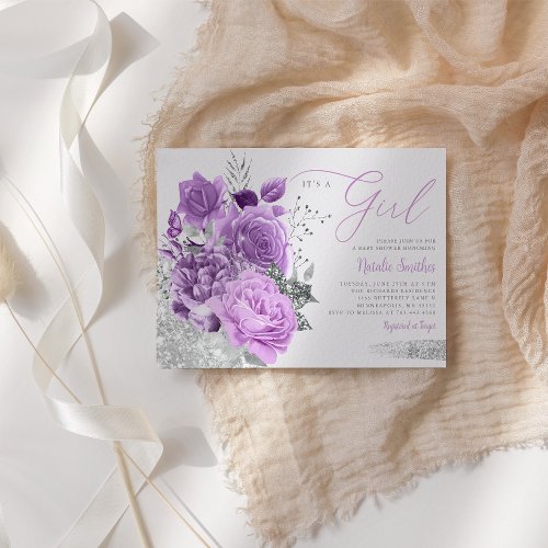 Modern Purple Its A Girl Floral Boho Baby Shower Invitation