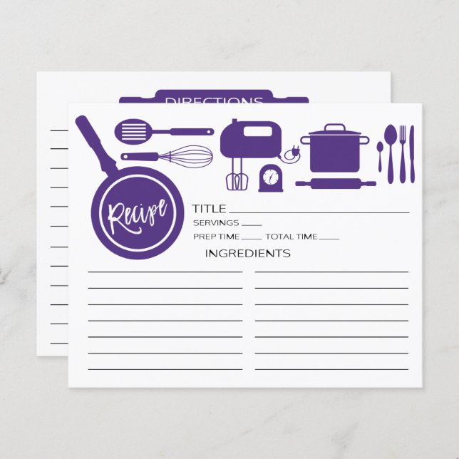 Modern Purple Kitchen Utensils Recipe Card (Front/Back)