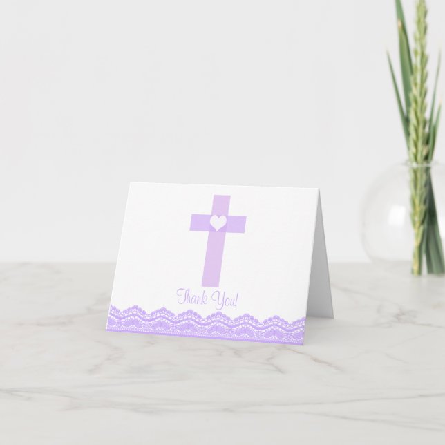 Modern Purple Lace Cross Religious Thank You Note (Front)