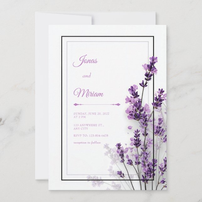 Modern Purple Lavender Black Purple Frame Wedding Invitation (Front)