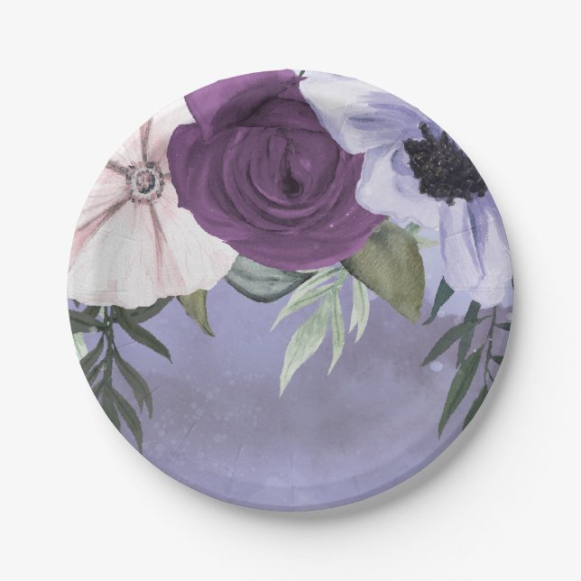 Modern Purple Lavender Floral Watercolor Wedding Paper Plates (Front)