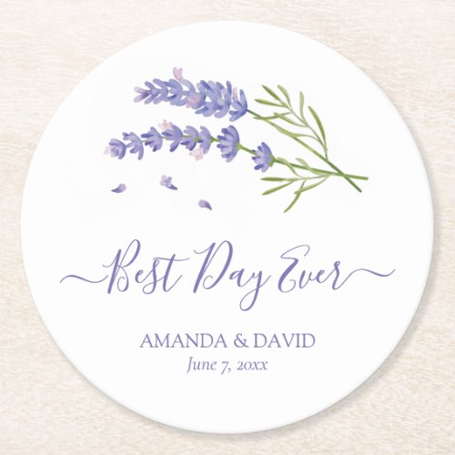 Modern Purple Lavender Floral Wedding Round Paper Coaster