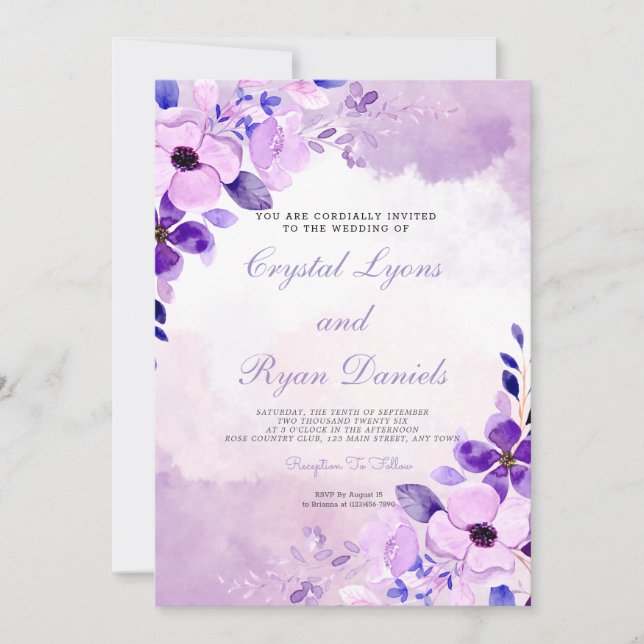 Modern Purple Lavender Watercolor Floral Wedding  Invitation (Front)