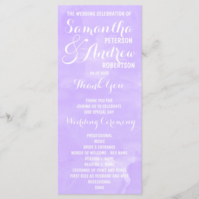 Modern purple lavender watercolor Wedding Program (Front)