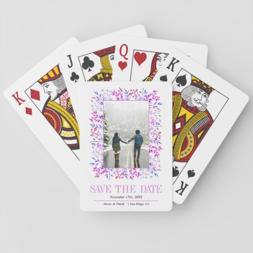 Modern purple leaf border Save the Date Poker Cards