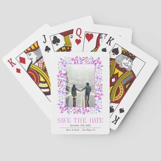 Modern purple leaf border Save the Date Poker Cards (Back)