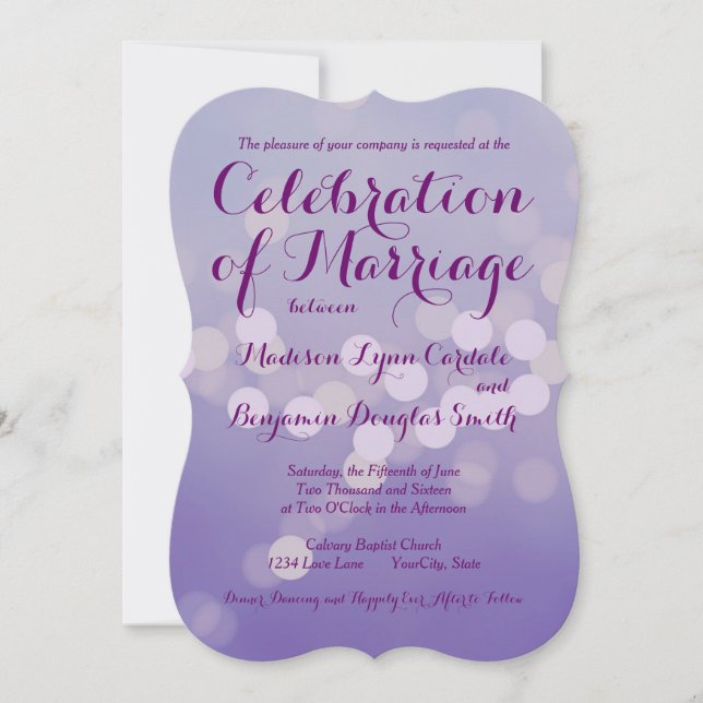 Modern Purple Lilac Bokeh Dots Wedding Invitations (Front)