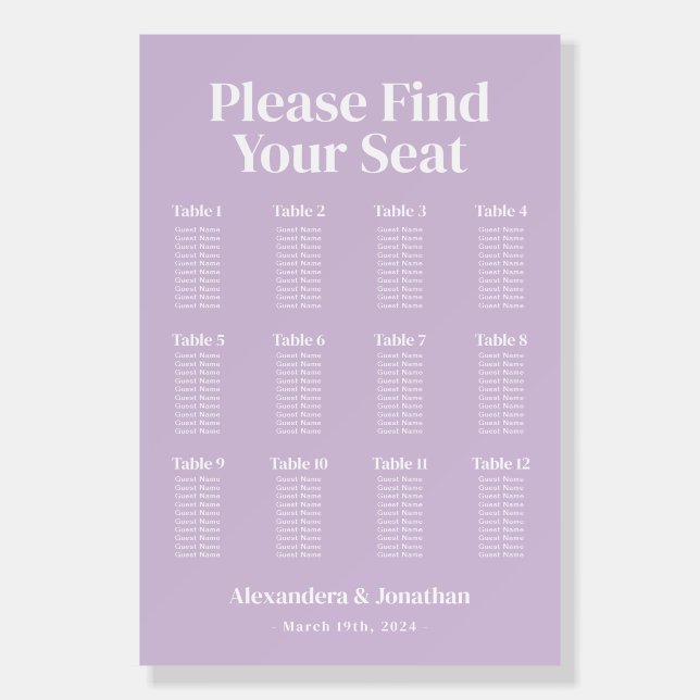 Modern Purple Lilac Wedding Seating Chart Foam Board (Front)