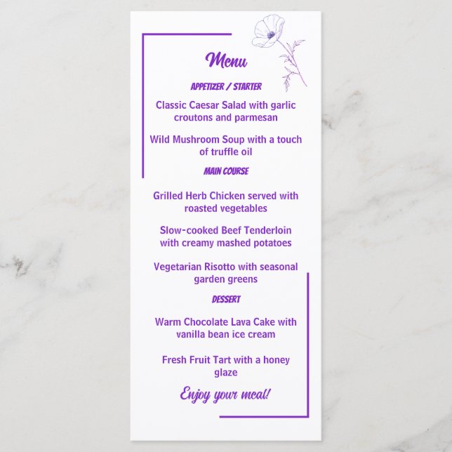 Modern Purple Line Art Floral Wedding Menu Card (Front)