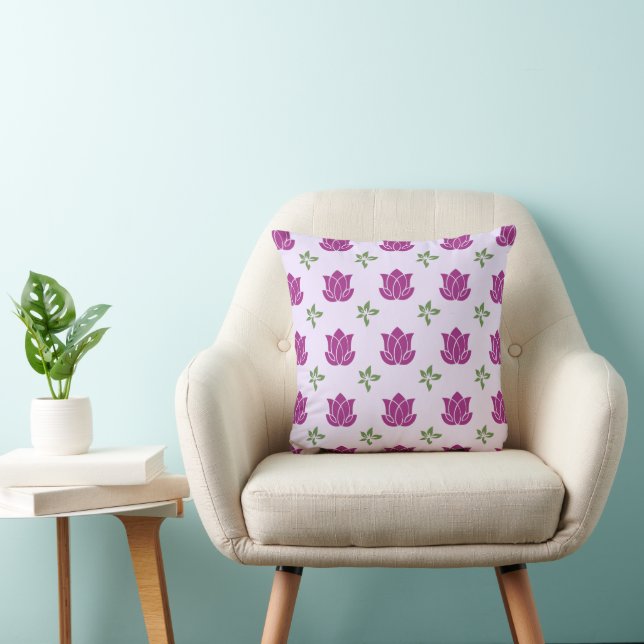 Modern Purple Lotus & Green Leaf Throw Pillow (Chair)