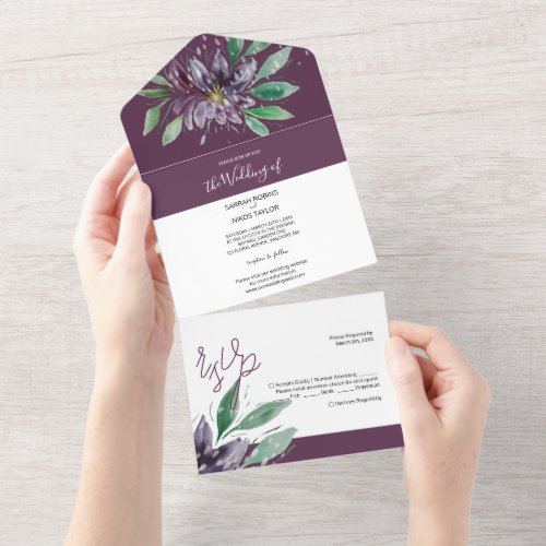 Modern Purple Lotus Watercolor Hand_painted All In One Invitation
