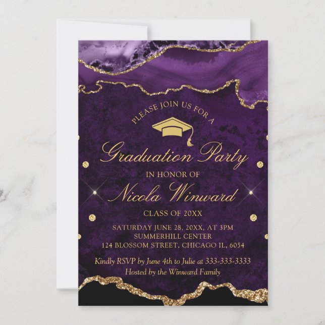 Modern Purple Marble Agate Graduation Party Invitation (Front)